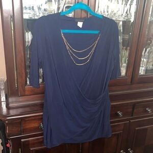 American City Wear Navy Draped Blouse w/ Removable Chain | RN 56263 | NWOT